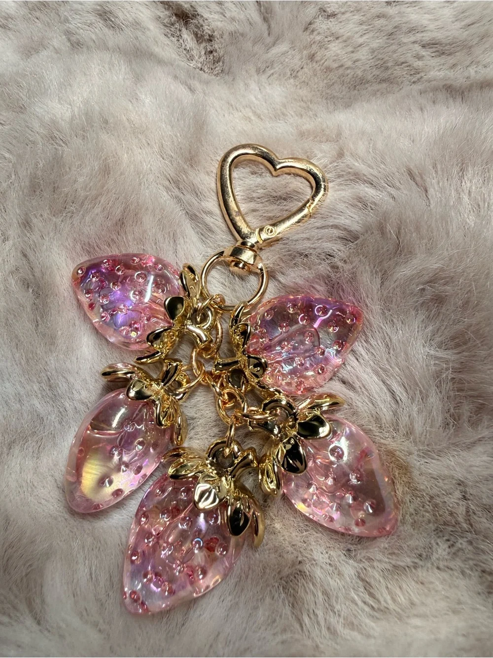 Crystal Clear Pink Bag Charm W/ 5 Strawberries Golden Trim With A Heart Clasp